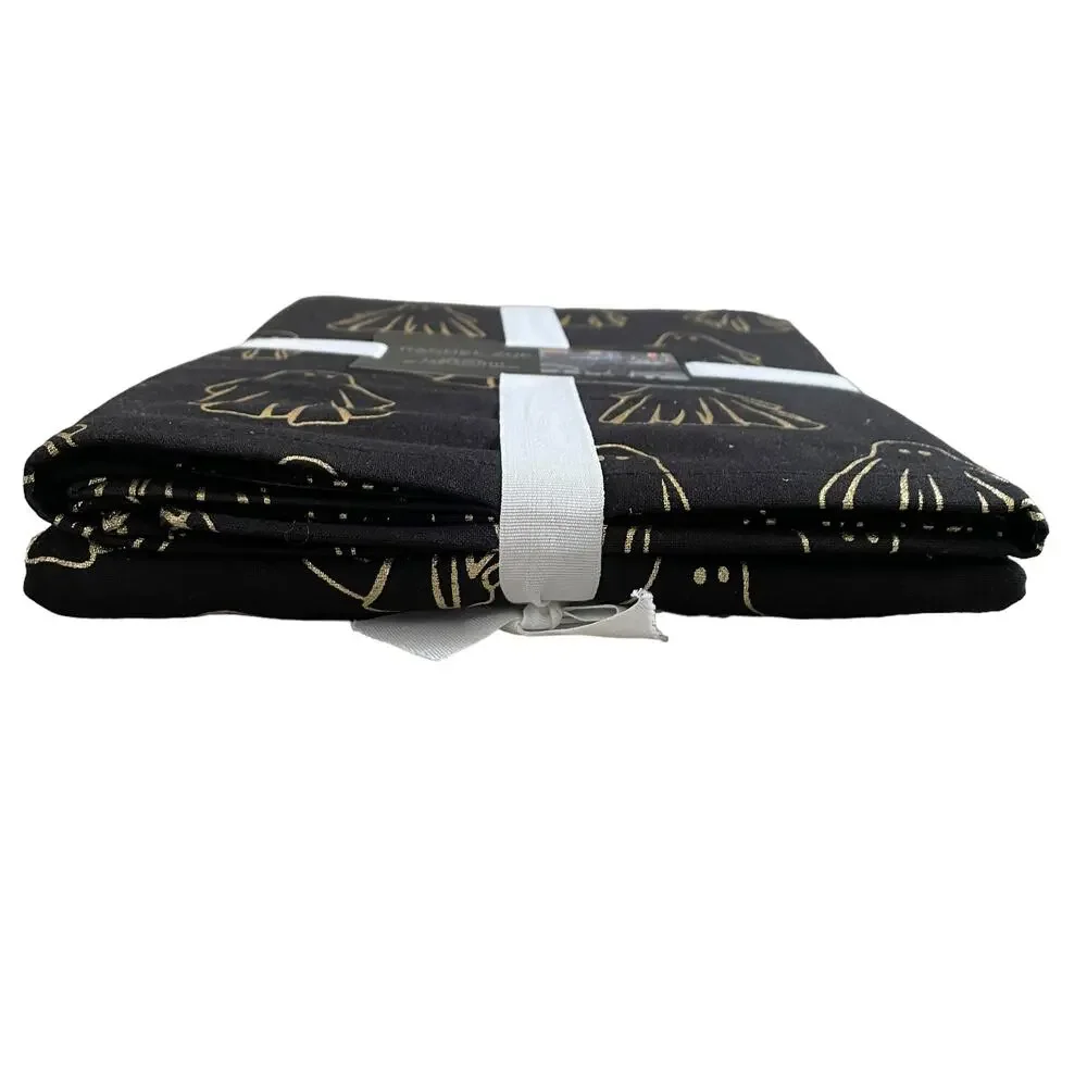 Rachel Zoe HALLOWEEN GHOST Tablecloth 60x120 Oblong Cotton Black & Gold NEW